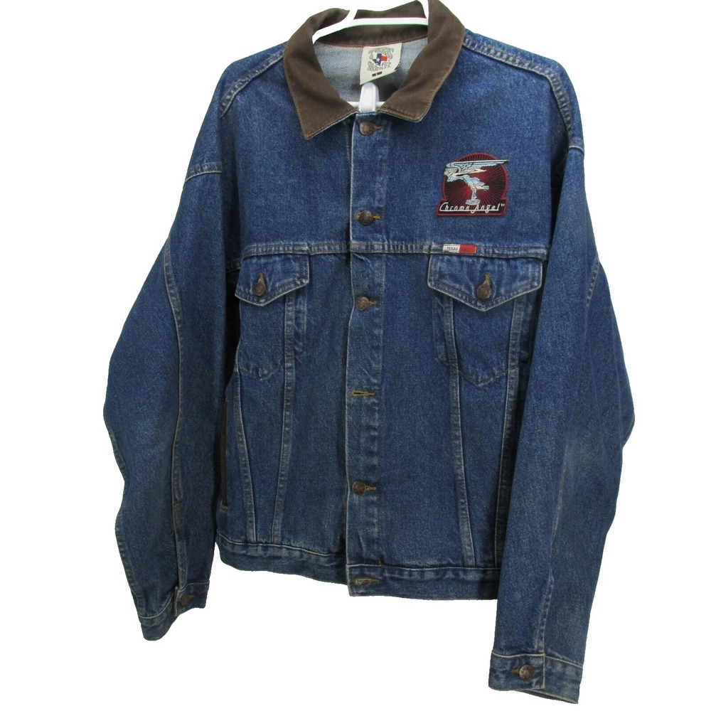 Texas Wear Chrome Angel Patch USA  L Large Blue Jean Denim Jacket Inside Pockets